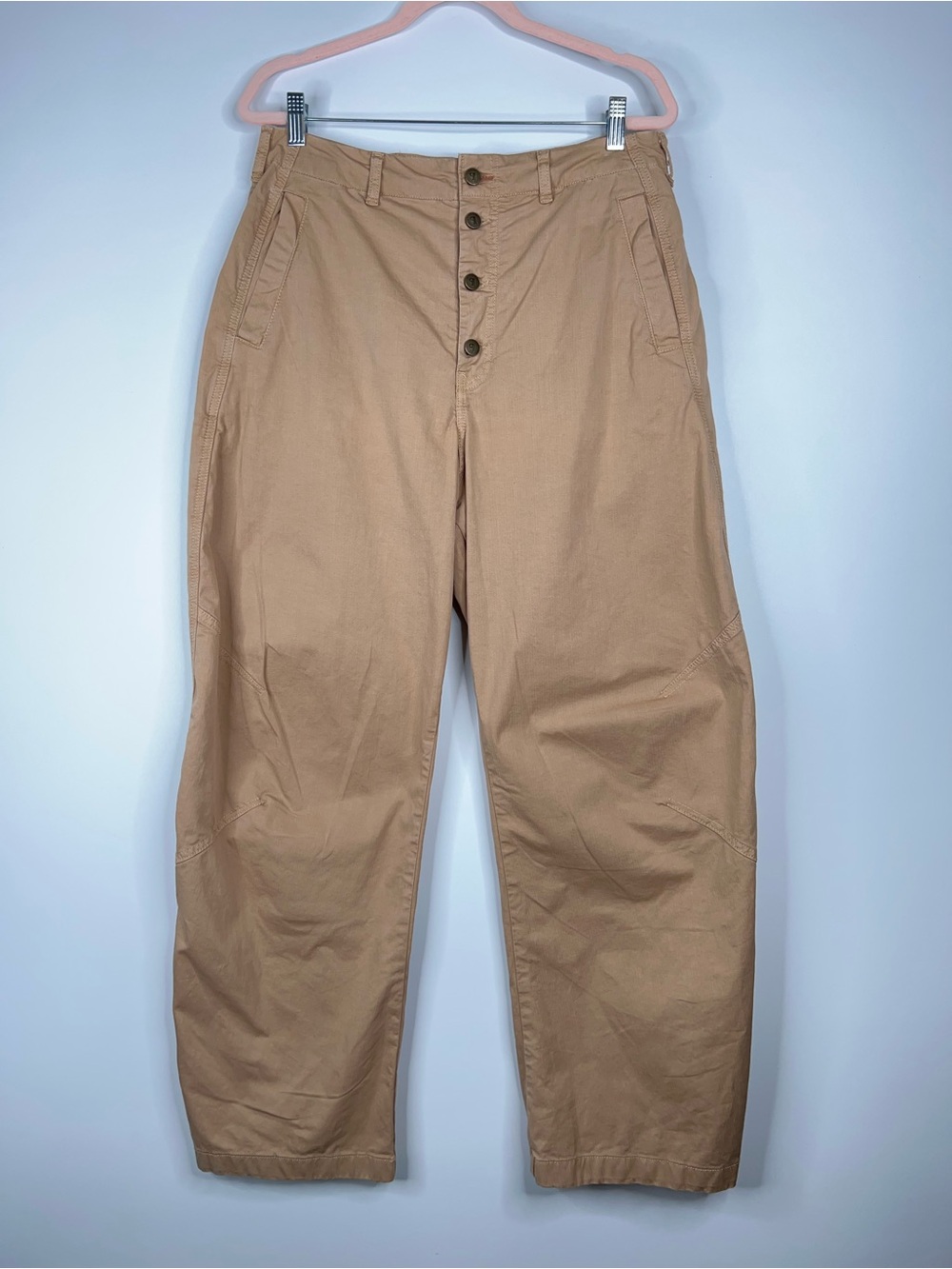 Pilcro Arin Barrel Leg Pants Khaki Tan Linen Cotton Blend Button Front Size 32 T